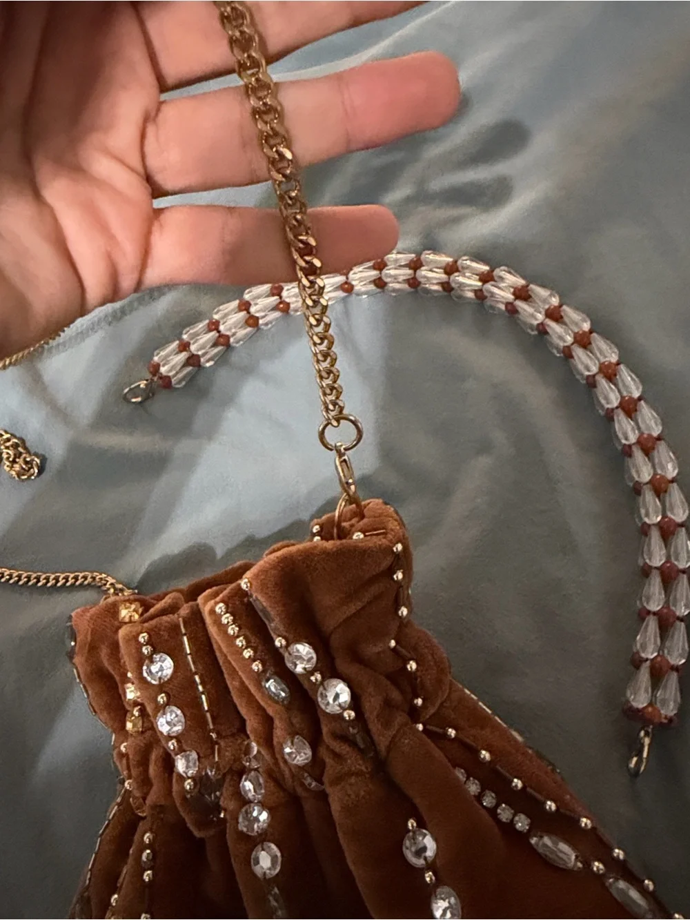 Embellished Brown Velvet Drawstring Bag with Gold Chain, Attachable Top Handle